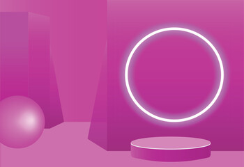 Futuristic stage background with blue and pink neon light colors design
