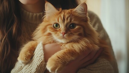 Ginger cat held by person animal holding