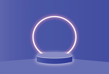 Purple studio room with podium stage. Limbo light background. Abstract 3d bg with empty space for advertising text. Vector mockup illustration.
