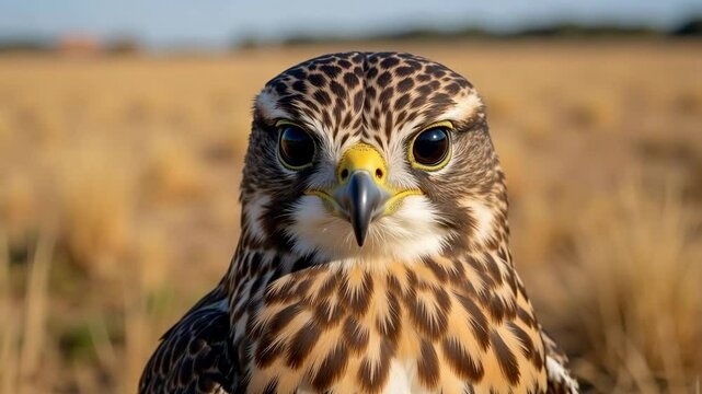 Observing a merlin falcon, distinguished by its streaked brown plumage, dark eyes, pale eyebrow stripe, and compact beak, in a blurred open field under daylight