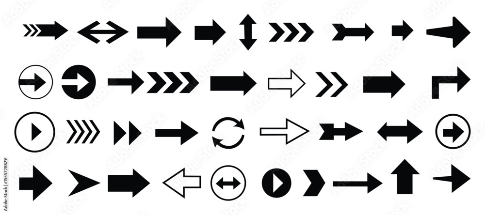 Poster collection of various arrow designs pointing in different directions isolated on white
