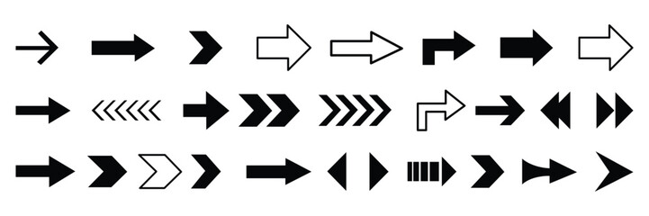 Collection of various arrow designs pointing in different directions isolated on white