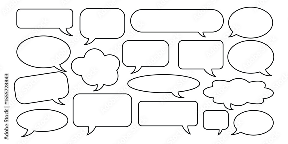 Poster set of outlined speech bubbles of different shapes isolated on white background