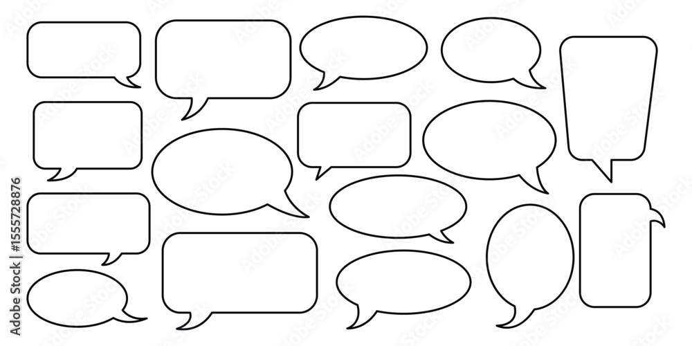 Poster set of outlined speech bubbles of different shapes isolated on white background
