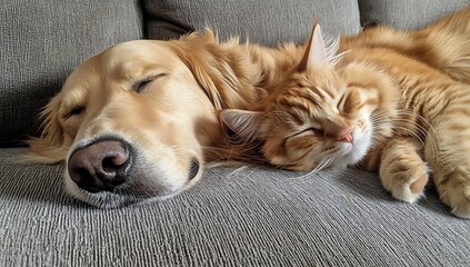 Golden retriever and ginger cat sleeping peacefully together on a sofa napping resting