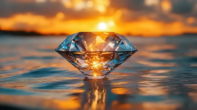 Sparkling diamond resting on water at sunset