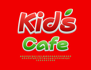 Vector Artistic signboard Kids Cafe. Playful Green Font. Bright Funny Alphabet Letters and Numbers set.