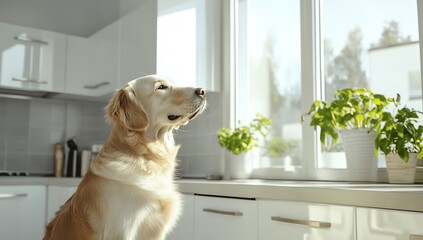 Golden Retriever looking out window in bright kitchen animal domestic