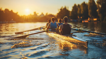 rowing team in in a rowboat on a lake or river at sunset.Conquering Peaks of Achievement