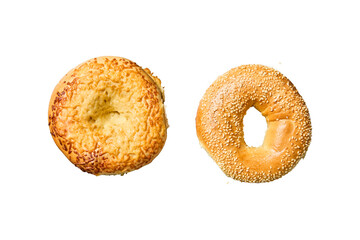 Two delicious bagels one with melted cheese and the other with sesame seeds isolated on transparent...
