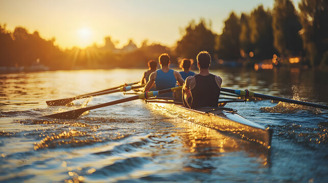 rowing team in in a rowboat on a lake or river at sunset.Conquering Peaks of Achievement