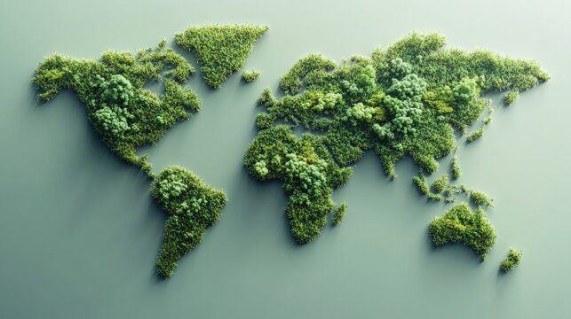 Eco-friendly world map made of greenery, symbolizing sustainability and environment.