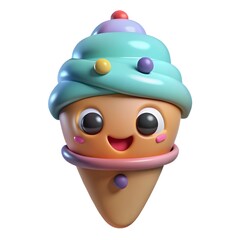 Cute smiling ice cream cone character with colorful toppings and rosy cheeks