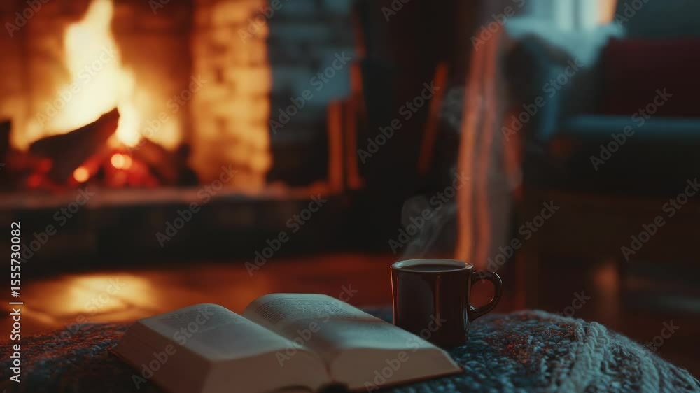 Poster a person reading a book with a cup of coffee on a blanket in front of a cozy fireplace