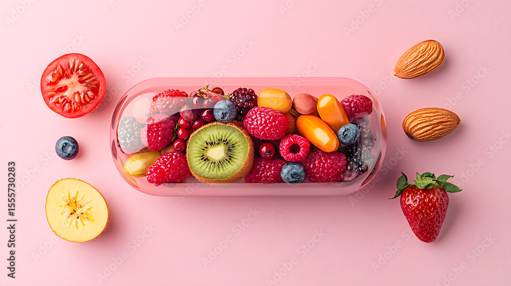 Fototapete script of multi-colored fruits, vegetables and nuts inside a capsule on a pink background.