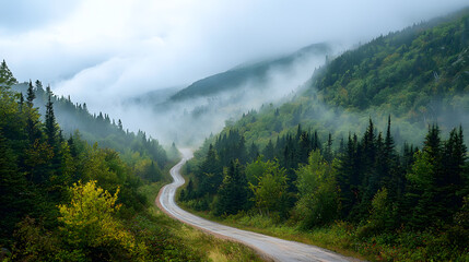 Scenic Cabot Trail in Cape Breton Nova Scotia Canada with fog covered forest hills