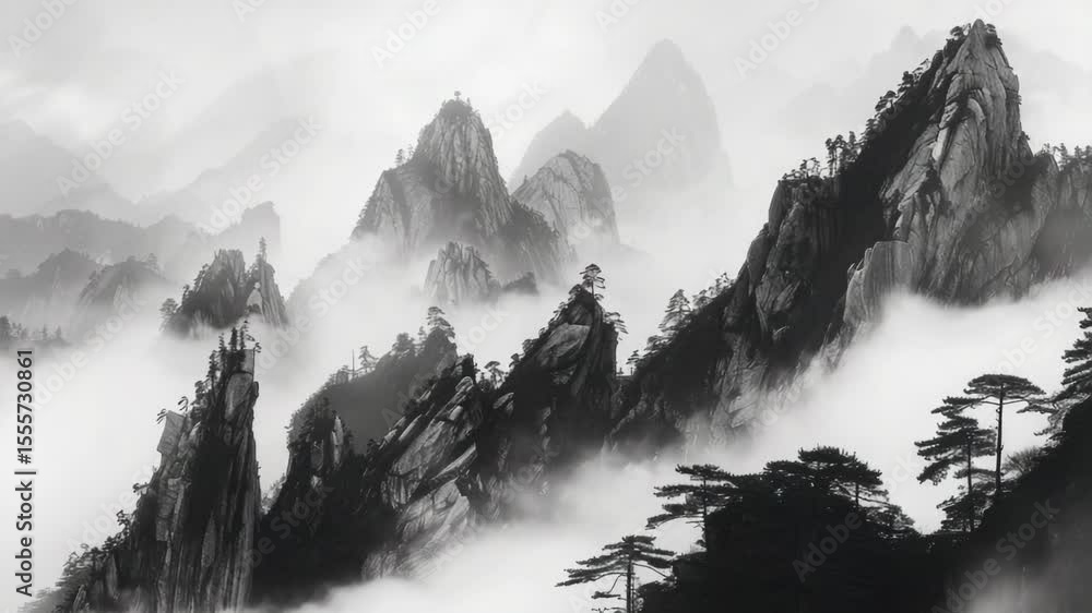 Poster a scenic view of a mountain range in black and white