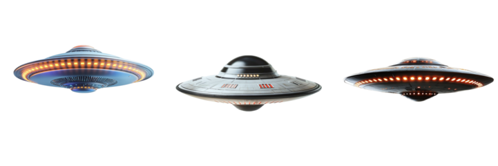Set of flying saucers UFO isolated on transparent background PNG