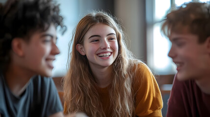 showing a group of teenagers participating in a youth group meeting in a church hall, discussing 