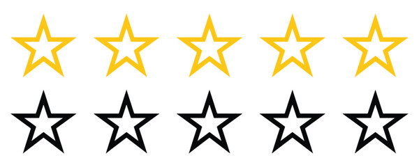 Fototapeta premium Five gold outline stars above five black outline stars isolated on white background
