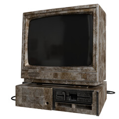 A weathered, beige CRT computer monitor sits atop a matching, dusty beige boxy computer case,...