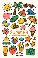 Naklejka premium Colorful Summer Doodles on White Background — Hand-Drawn Clip Art in Individual Boxes on A4 Page