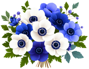Anemone Flower Bouquet – Realistic Transparent Background PNG with Purple and Blue Tones