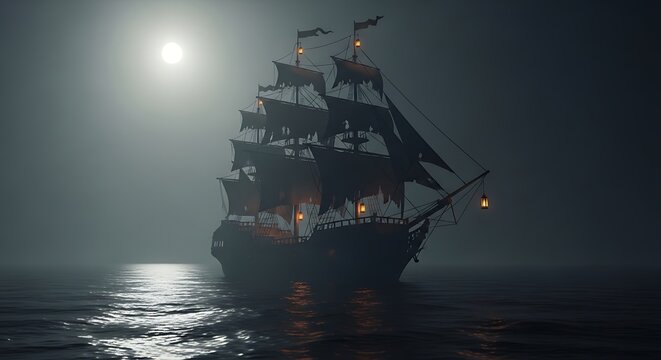 Ghostly Voyage: A haunting galleon sails the moonlit sea, shrouded in a mysterious fog, invoking a sense of adventure and the unknown.