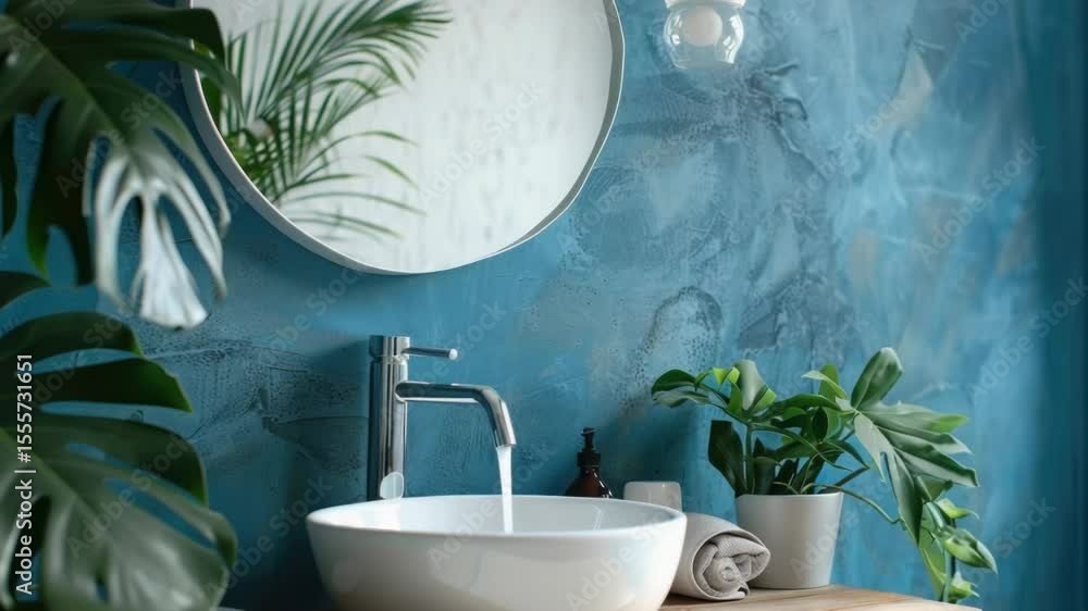 Poster A simple sink setup with a plant and mirror in the background
