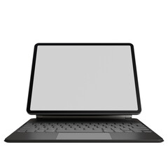 dark gray tablet computer with an attached keyboard rests on isolated. The large screen displays a...
