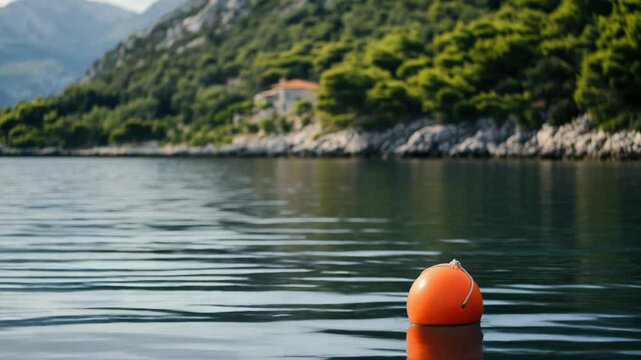 An orange buoy floats in the middle of a calm lake, surrounded by water and perhaps awaiting rescue or signaling distress