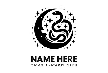 Fototapeta premium Black and white logo featuring a snake entwined around a crescent moon, surrounded by stars.