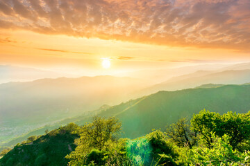 muntain view of green highland with trees and bushes during beautiful mountain sunset or sunrise...