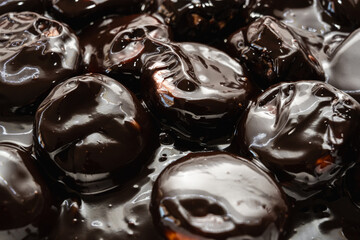 Classic profiteroles coated in rich, glossy dark chocolate sauce
