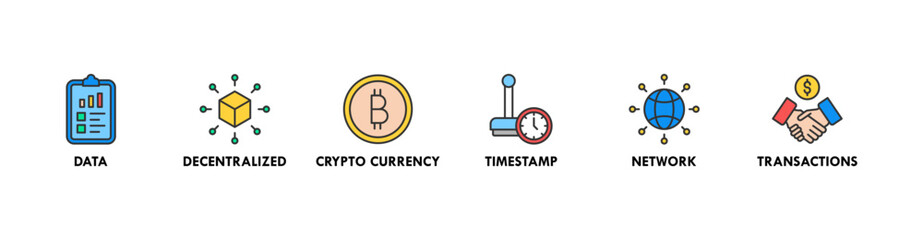 Blockchain banner web icon vector illustration concept with icon of data, decentralized, crypto currency, timestamp, network and transactions
