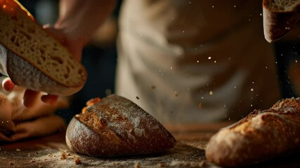  Art of Baking: A close-up image captures a skilled baker at work, expertly slicing and preparing freshly baked bread in a warm and inviting environment.