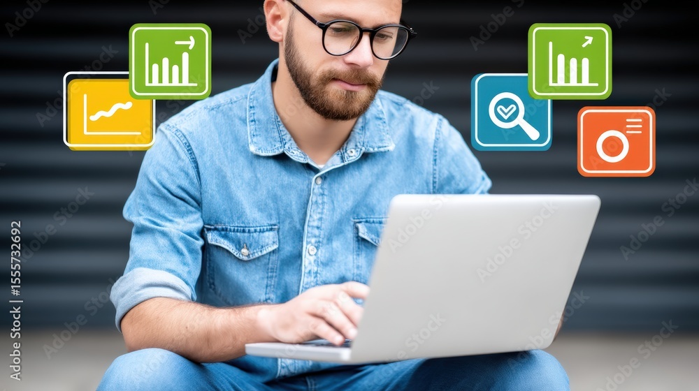 Poster analyzing business trends with data visualization tools office space digital content indoor close-up
