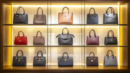 Elegant handbags showcase luxury and style on well-lit retail shelves. Perfect for fashion, marketing, and upscale retail themes.
