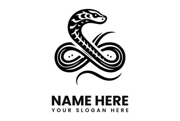 Stylized black cobra logo design, coiled in an infinity symbol, elegant and minimalist.