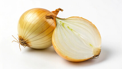 Obraz premium Ai generated image of a whole yellow onion and a half onion are isolated on white background, showing their fresh texture and layers