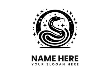 A stylized black snake coiled within a starry circle, logo design.
