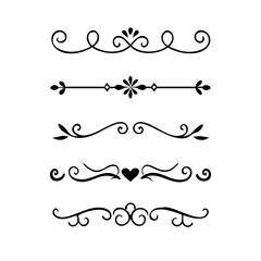 Gold text dividers doodle set. Wedding decorative elements. Divider ornament, borders, floral, vintage line separators. Hand drawn vector illustration isolated on white background. Set page dividers.
