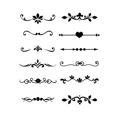 Decorative simple divider. Text dividers retro minimal line separators,  Vector isolated geometric wedding card heart separator elements set. Text dividers. . Hand drawn vector illustration. 
