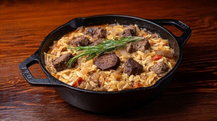 Hearty beef and orzo stew garnished with rosemary, served in a black cast-iron pot on a wooden table.