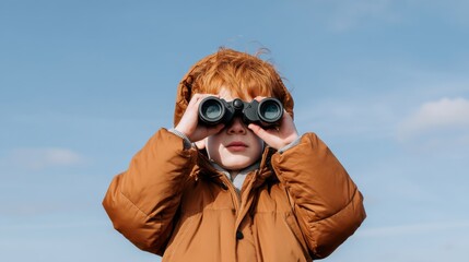 A child in a brown jacket looks through binoculars against a clear blue sky.