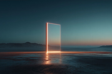 Neon portal in desolate landscape.