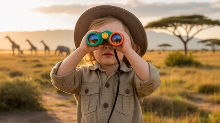 A child in safari attire uses binoculars to observe giraffes in a sunlit savanna landscape with acacia trees in the background.