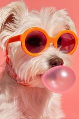 Cute white dog with orange sunglasses blowing a pink bubble on a pink background. Sweet and adorable.