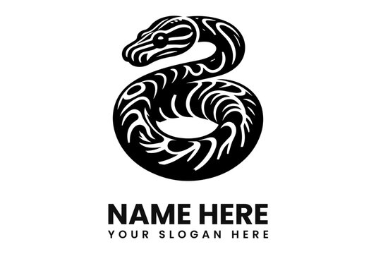 A stylized snake coiled with intricate patterns, presented in a black and white graphic design.