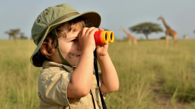 Fototapeta A young child in safari gear uses binoculars to observe giraffes in a grassy savanna landscape.